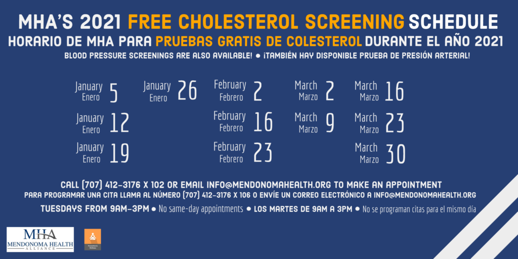 Free Cholesterol & Blood Pressure Screenings -Calendar Through March 2021