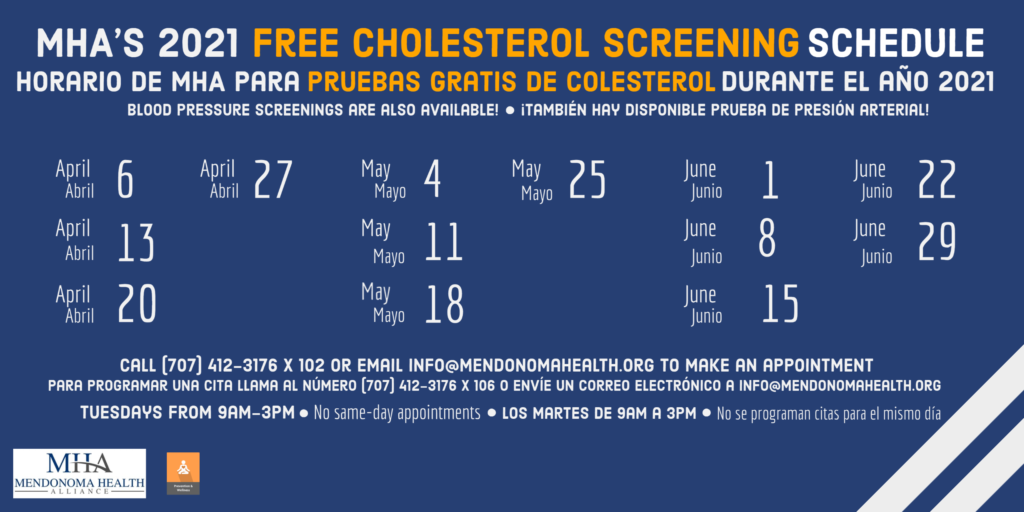 Free Cholesterol & Blood Pressure Screenings -Calendar Through June 2021