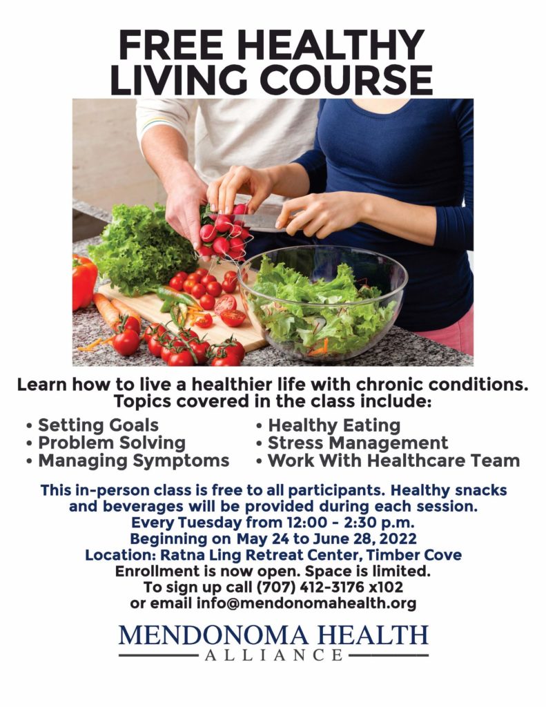 Image flyer for Mendonoma Health Alliance Healthy Living Course offered in may and June 2022