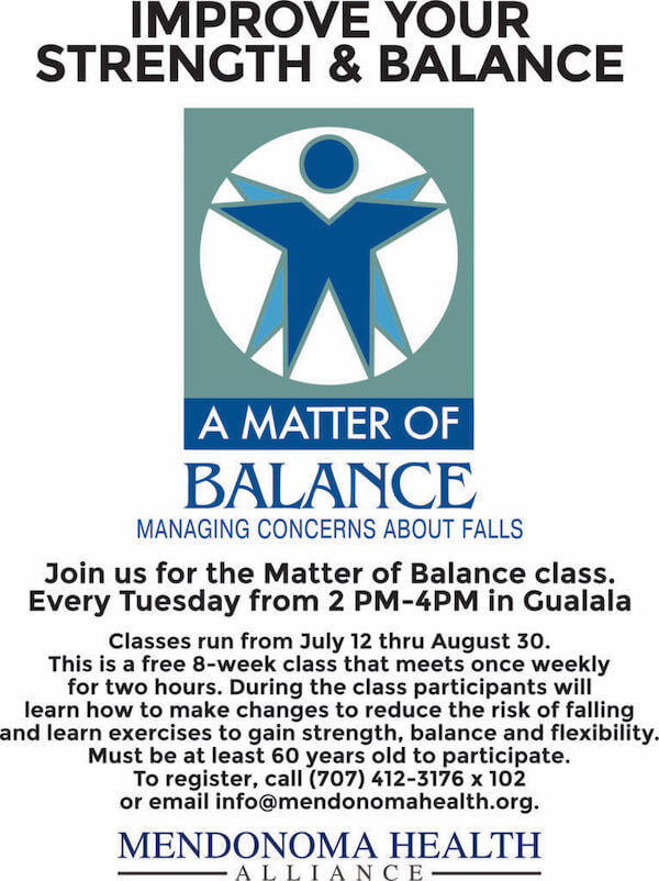 A Matter of Balance Class flyers for Mendonoma Health Alliance strength and balance training