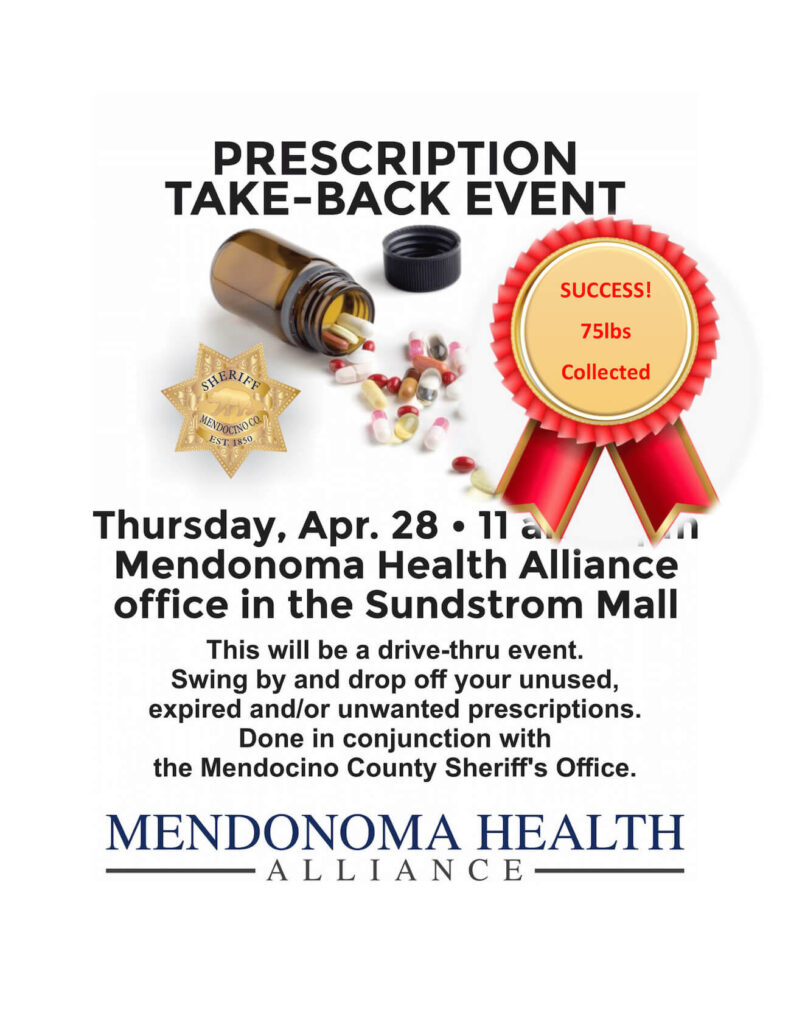 Prescription take-back event flyer from Mendonoma Health Alliance