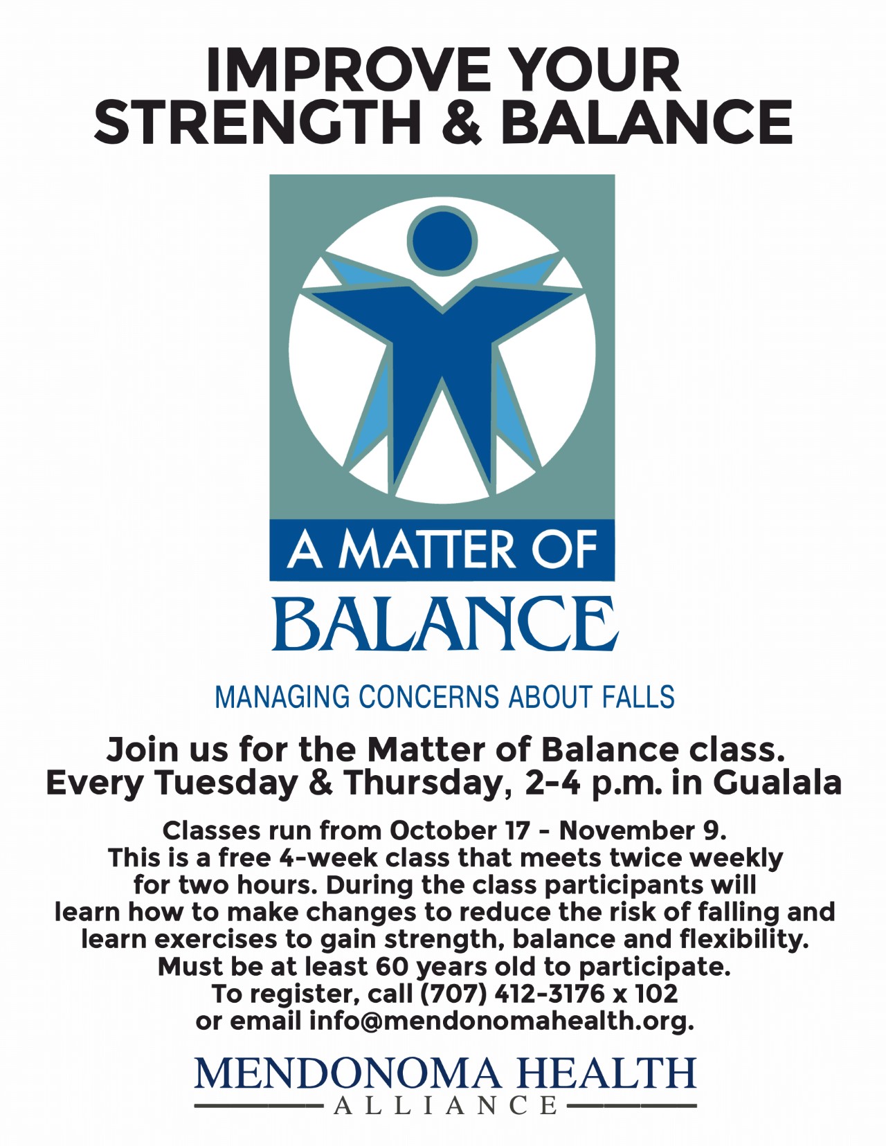 Flyer for Matter of Balance with an artistic image of someone stretching. Tuesday & Thursday 2-4pm. Free in Gualala. Register (707) 412-3176 x102