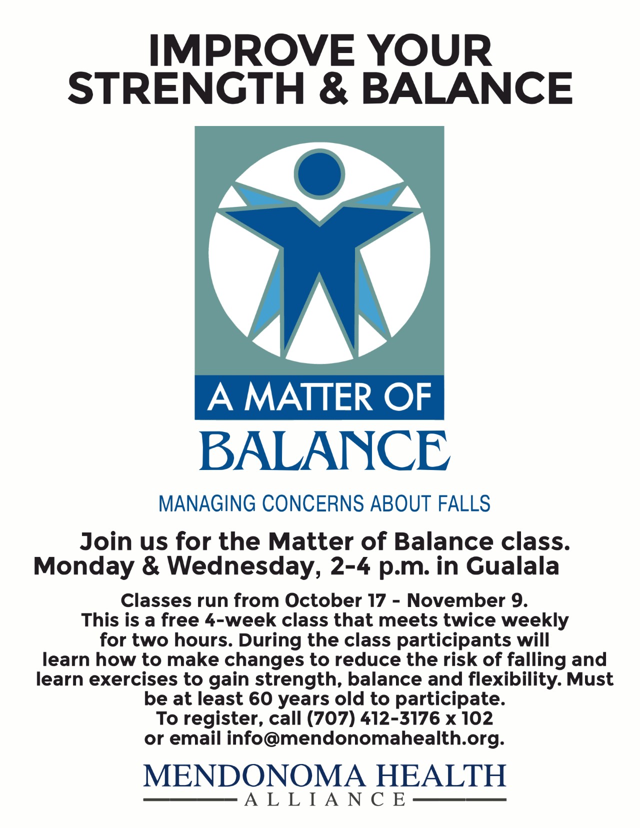 Flyer for Matter of Balance with an artistic image of someone stretching. Monday & Wednesday 2-4pm. Free in Gualala. Register (707) 412-3176 x102