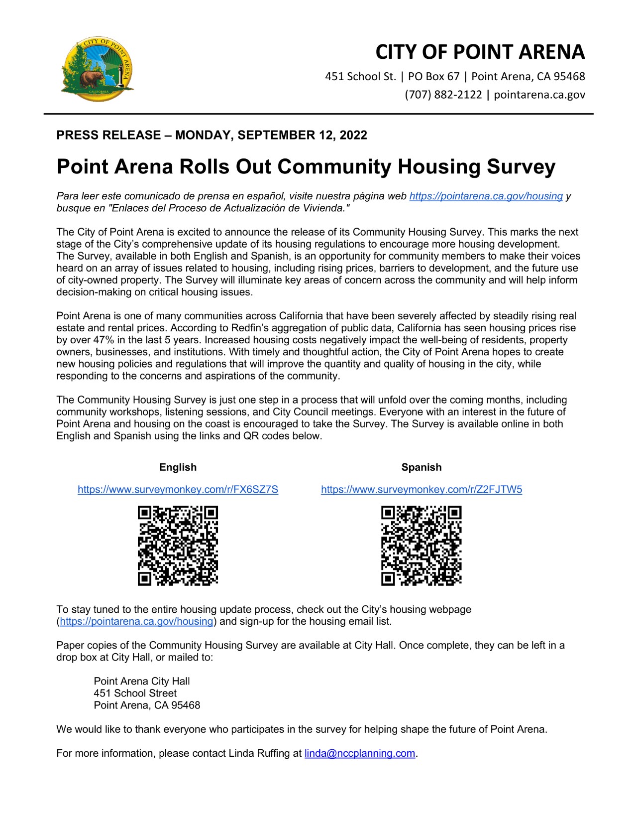 Press release from City of Point Arena regarding housing survey. QCR Codes included with survey monkey links.