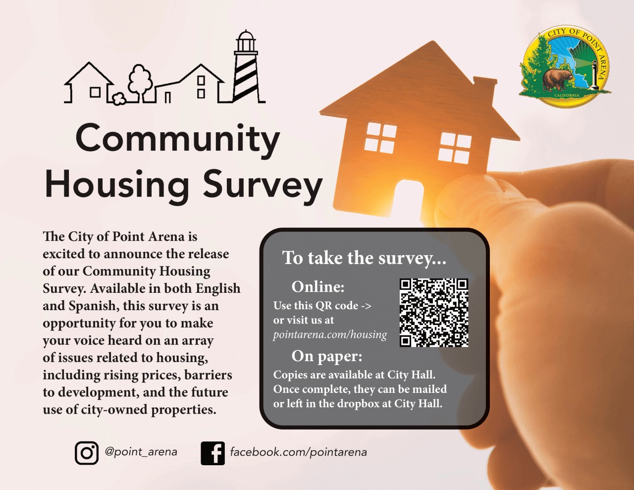 Flyer Survey displays a small house. QCR code included. From City of Point Arena.