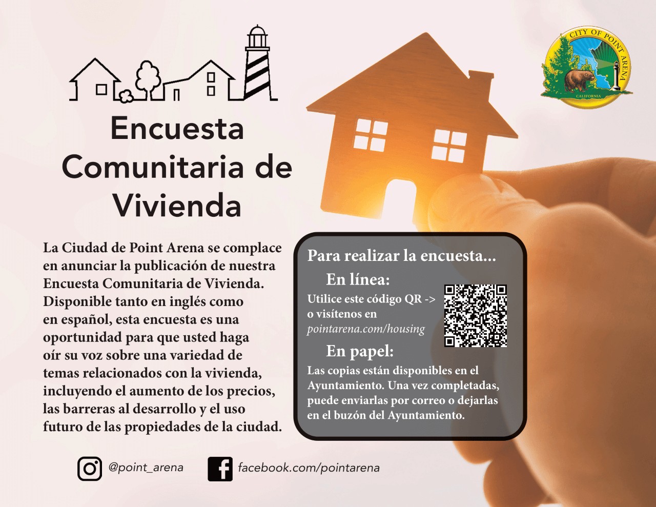Spanish Flyer Survey displays a small house. QCR code included. From City of Point Arena.