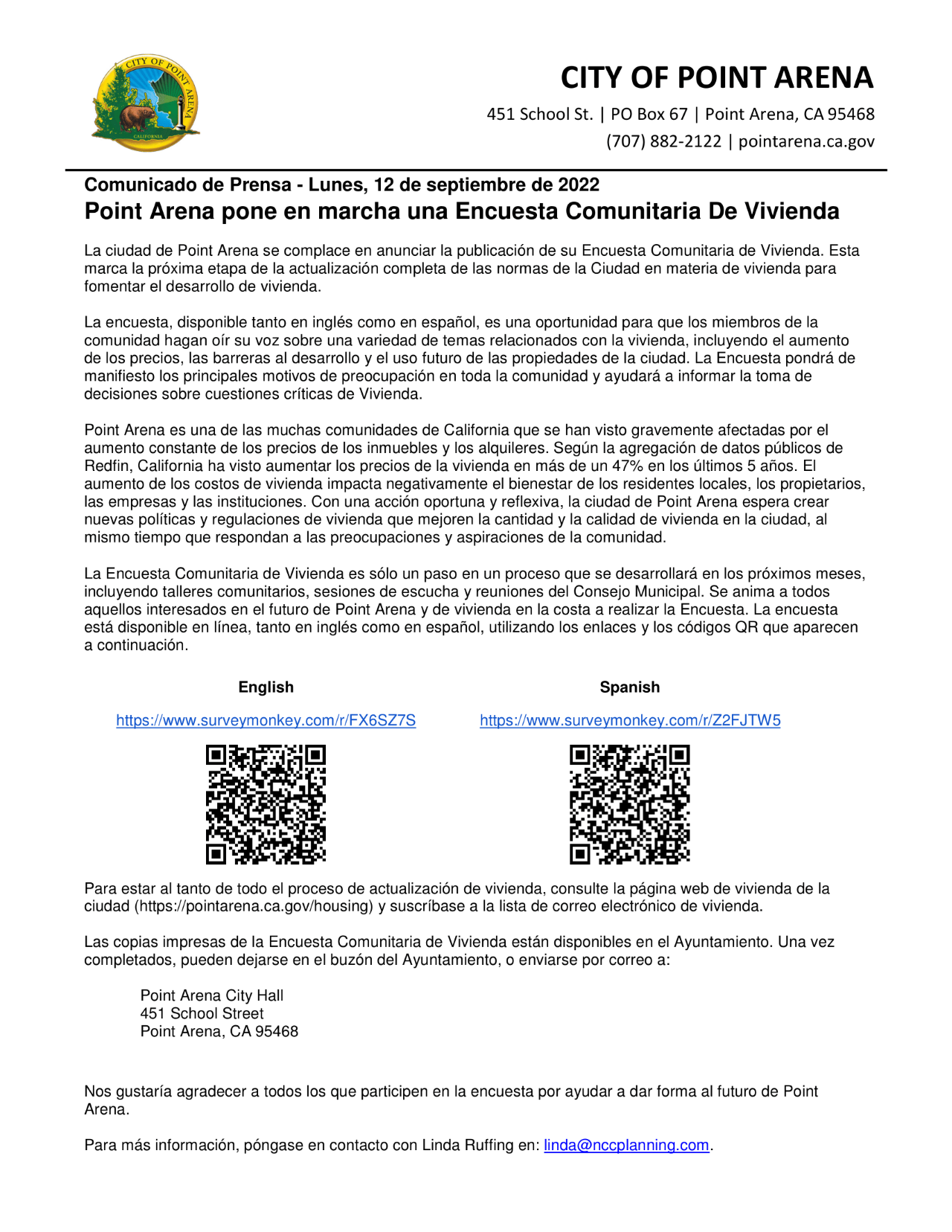 Press release in Spanish from City of Point Arena regarding housing survey. QCR Codes included with survey monkey links.