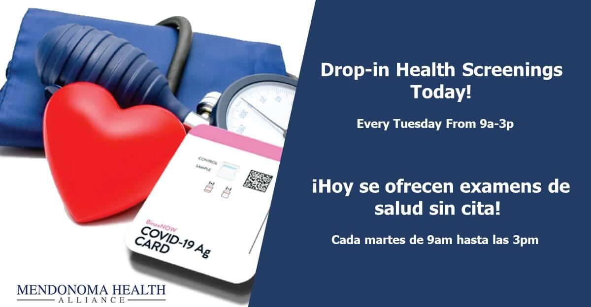 Flyer with blood pressure cuff & COVID test for no appointment needed on Health Screen Tuesdays at Mendonoma Health Alliance in Sundstrom Mall, Gualala