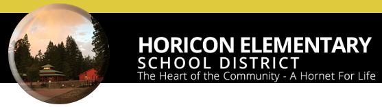Logo for Horicon Elementary with photo of house & trees surrounding it.