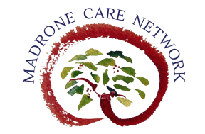 Logo of painted tree surrounded by a brush stroke wrapping around tree for Madrone Care Network