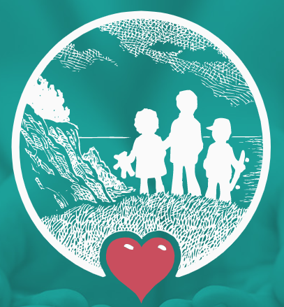 Drawing of three children walking by the ocean & hills in a circle with a heart a the bottom of the circle.