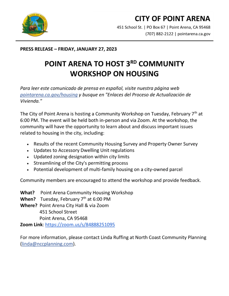 City of Point Arena Public Announcement Letter for Community Housing Meeting on 2.7.23 at 6pm.