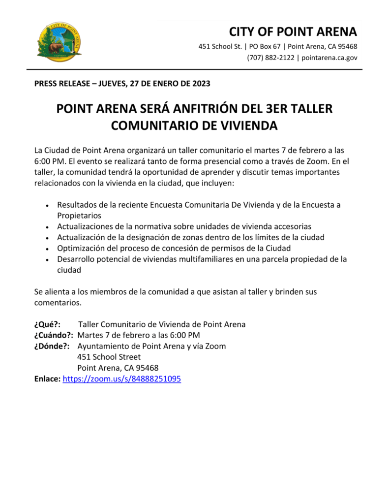City of Point Arena Public Announcement Letter for Community Housing Meeting on 2.7.23 at 6pm. in Spanish