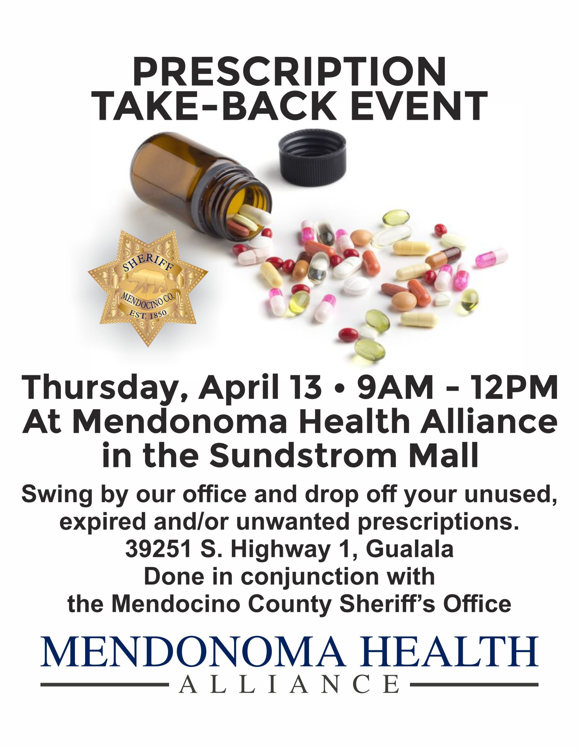 RX Take-Back Flyer with open bottle of spilled pills and sheriff's badge on April 13, 2023 9AM -12PM