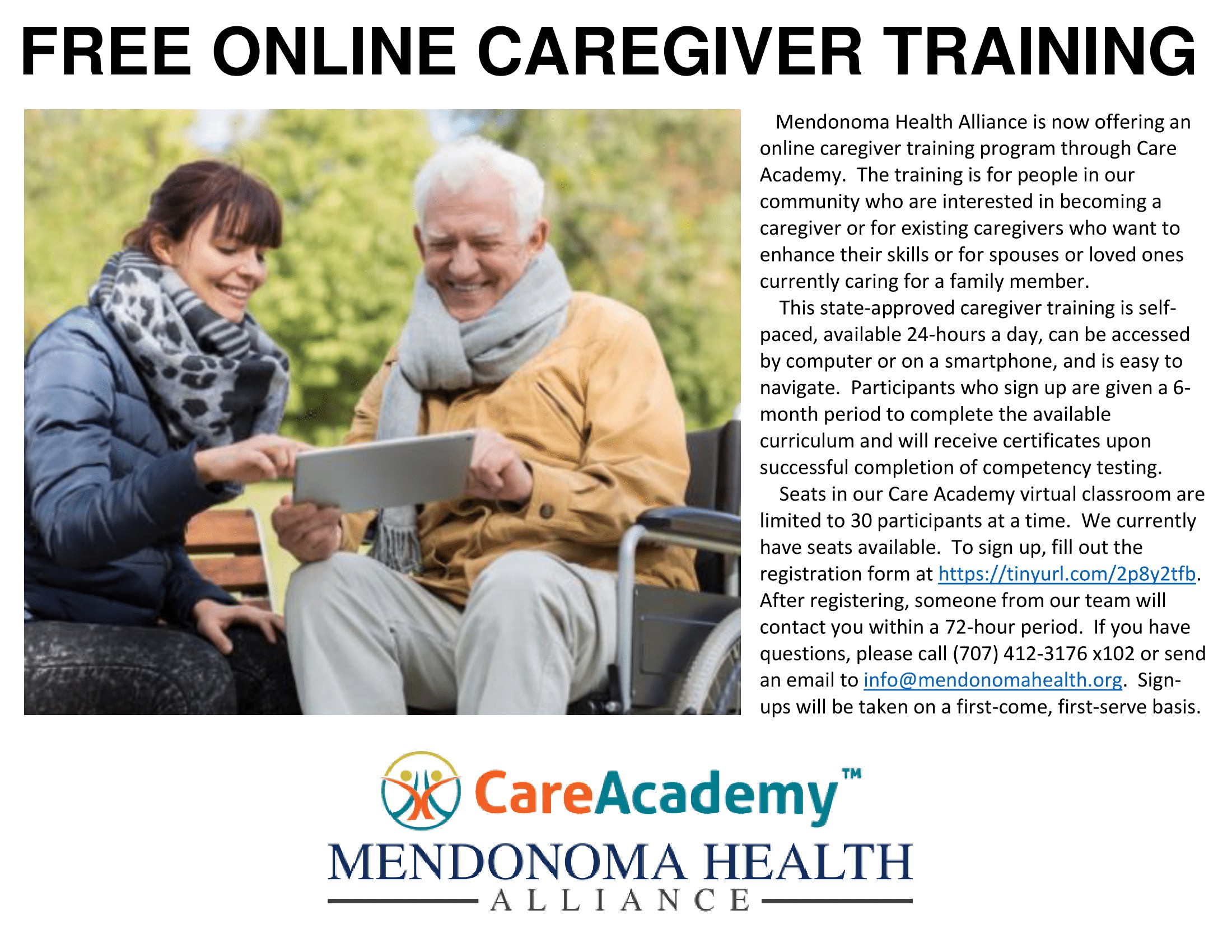 Picture of young woman with tablet sitting with older man in wheelchair. Flyer for Care Academy caregiver program being offered online by Mendonoma Health Alliance