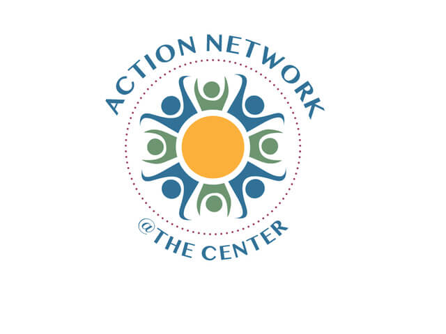 Logo for Action Network. Circular image with blue & green drawing of people with arms outstretched around the circle with a yellow center.