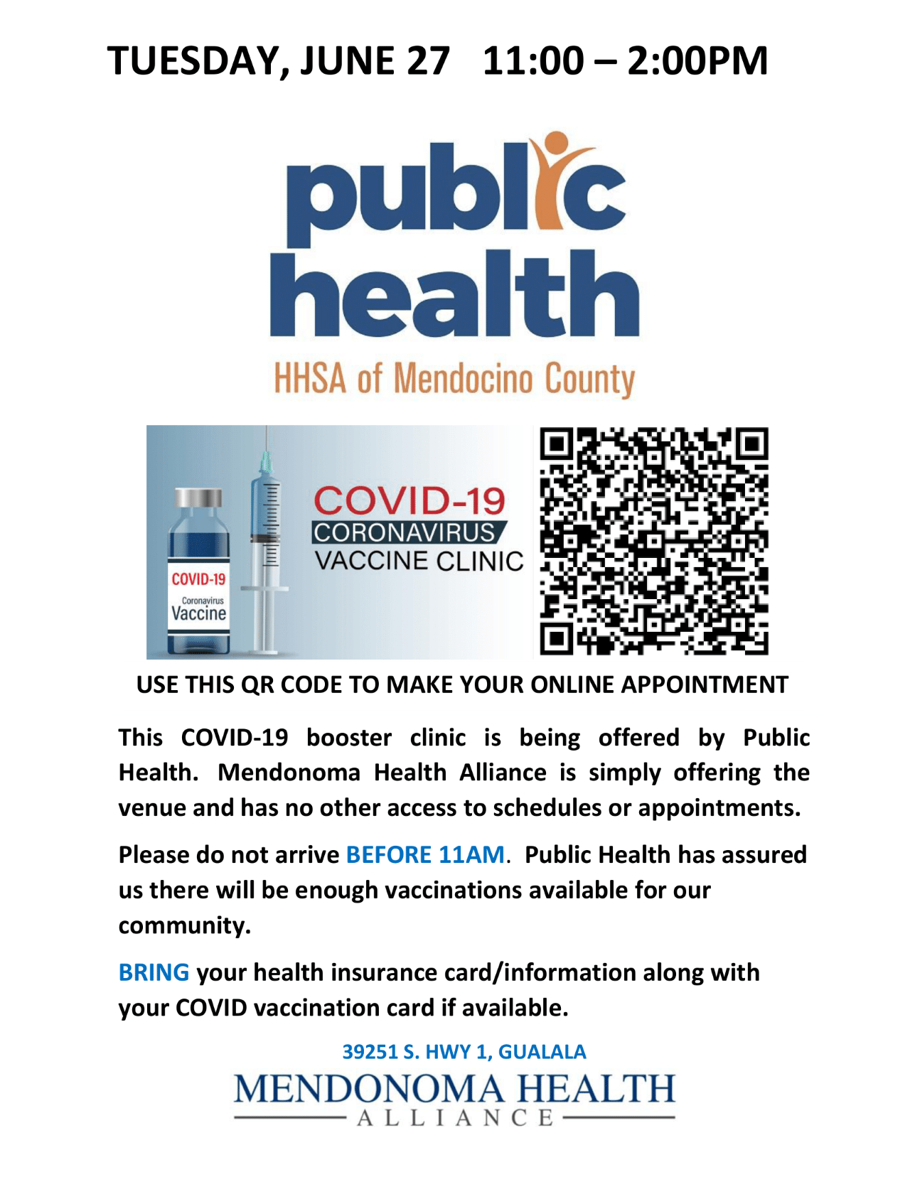 Vaccination clinic flyer includes vaccine bottle labeled coronavirus and a syringe next to it pointed upwards. Mendocino county public health logo included with a drawing of a person like image with arms lifted up in orange.