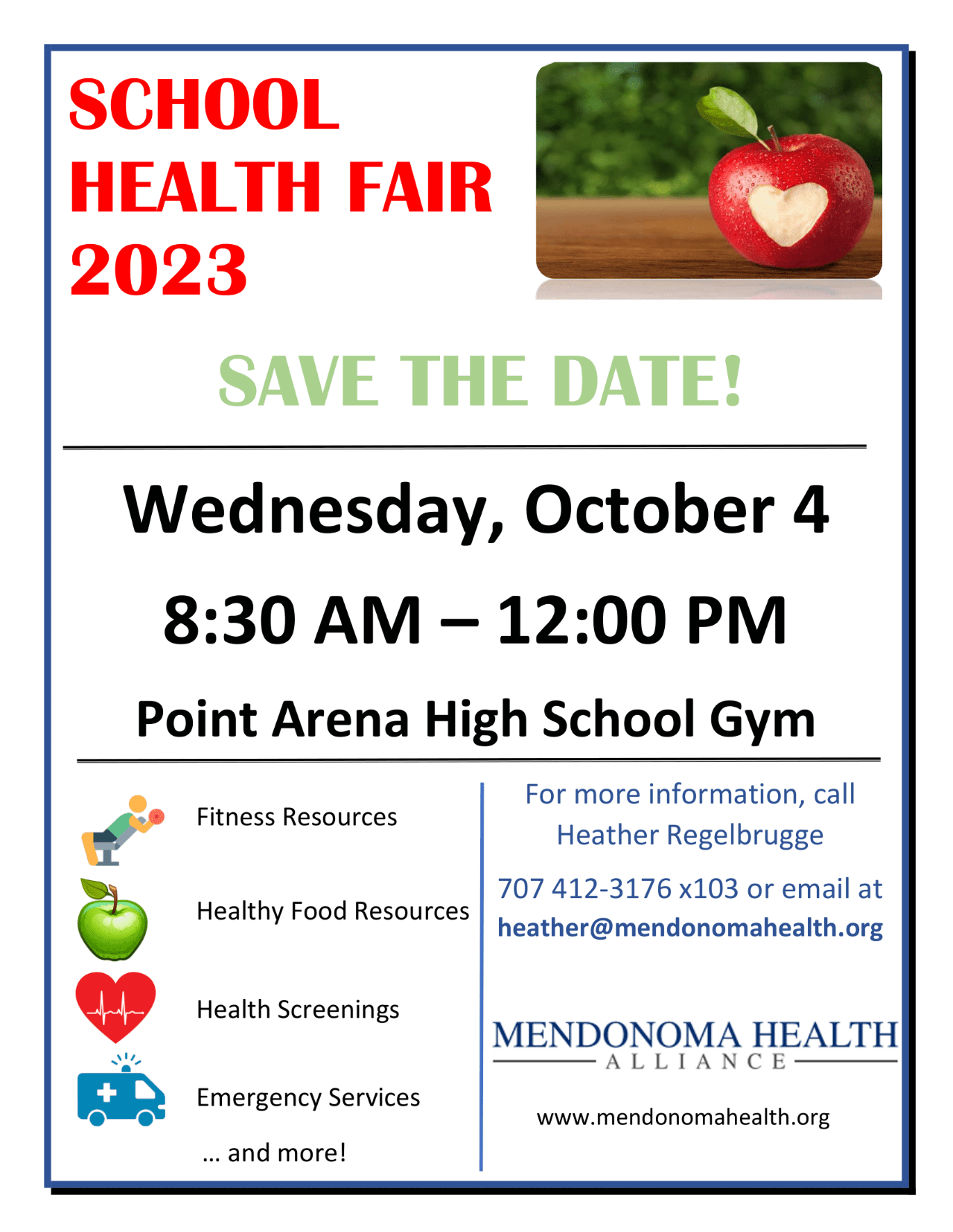 All School Health Fair. Red apple with a heart carved out in it. Cartoon people exercising, green apple, red heart and blue ambulance. 10/4/23