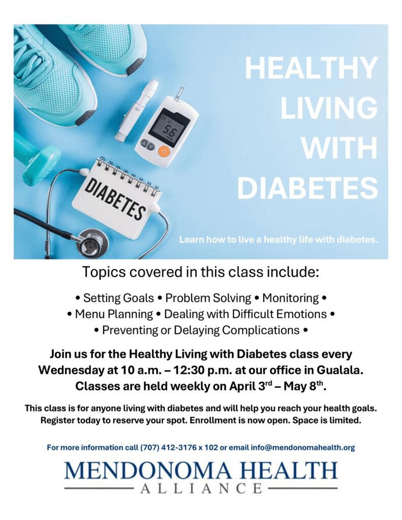 Flyer with light blue background. Turquoise blue tennis shoes with a small bar bell, and stethoscope and glucometer & small flip chart saying Diabetes. Flyer for upcoming course in April 2024.