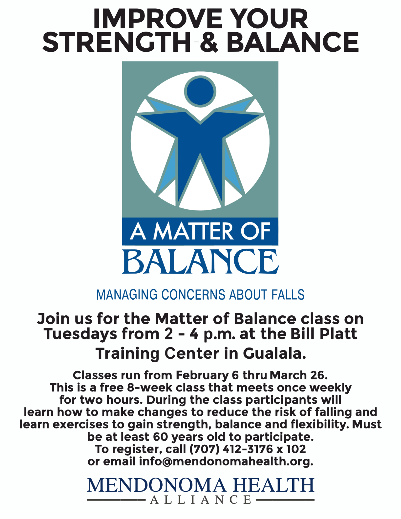 Matter of Balance Class Flyer managing concerns about falls & improve your strength & balance. Round blue circle with green trim above a star shape, person looking, figure in dark blue and light blue.