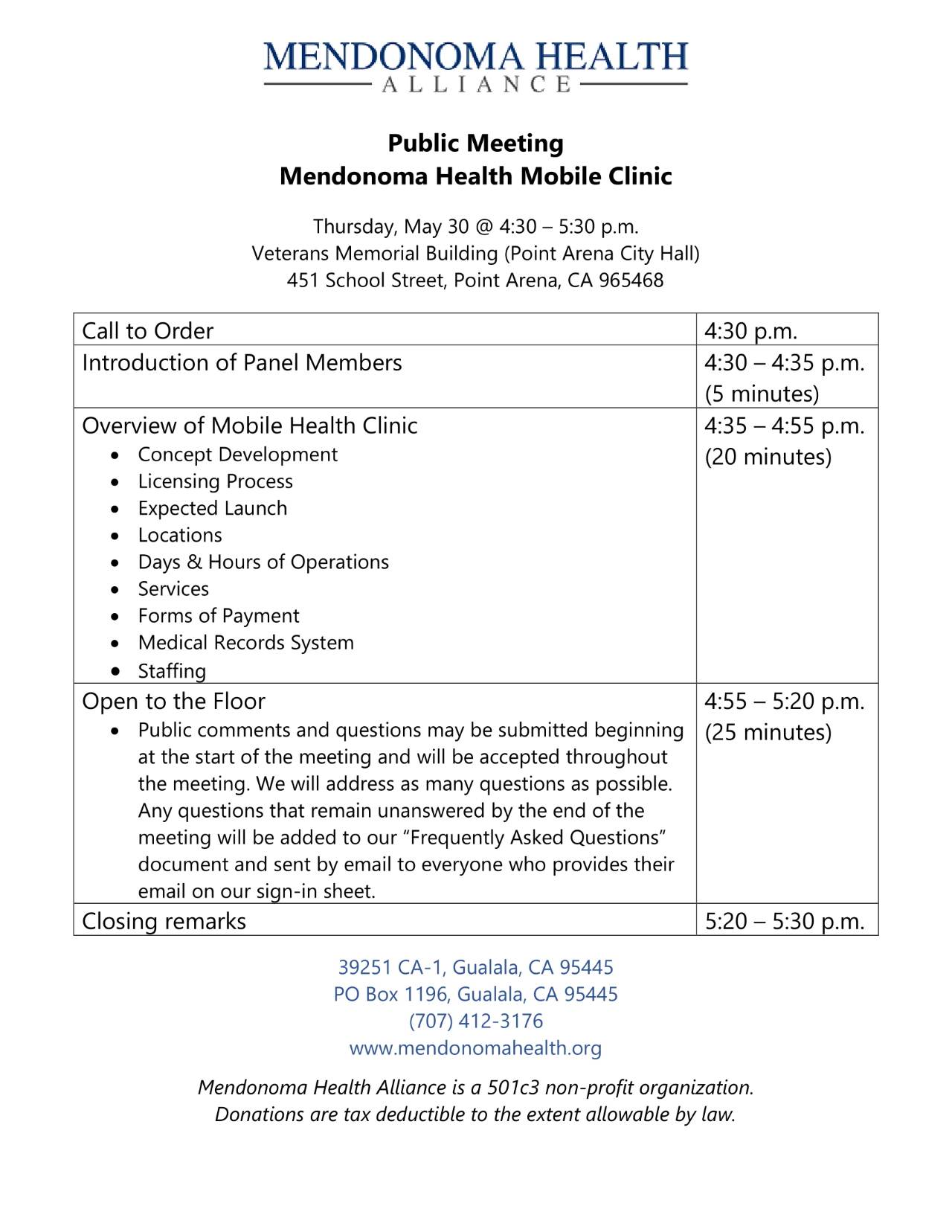 MHA letterhead agenda for upcoming Public Mobile Health Clinic meeting in Point Arena