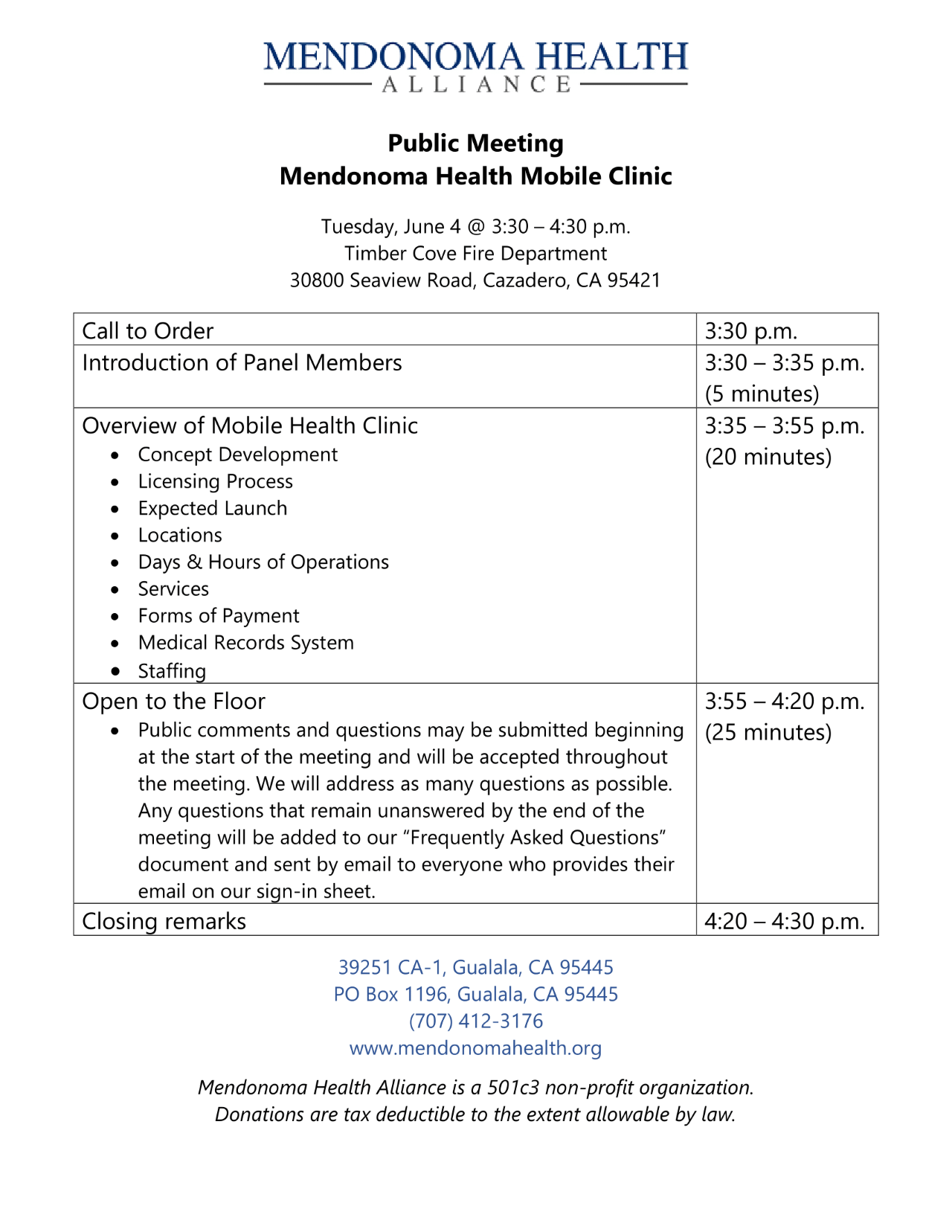 MHA letterhead agenda for upcoming Public Mobile Health Clinic meeting in Timber Cove