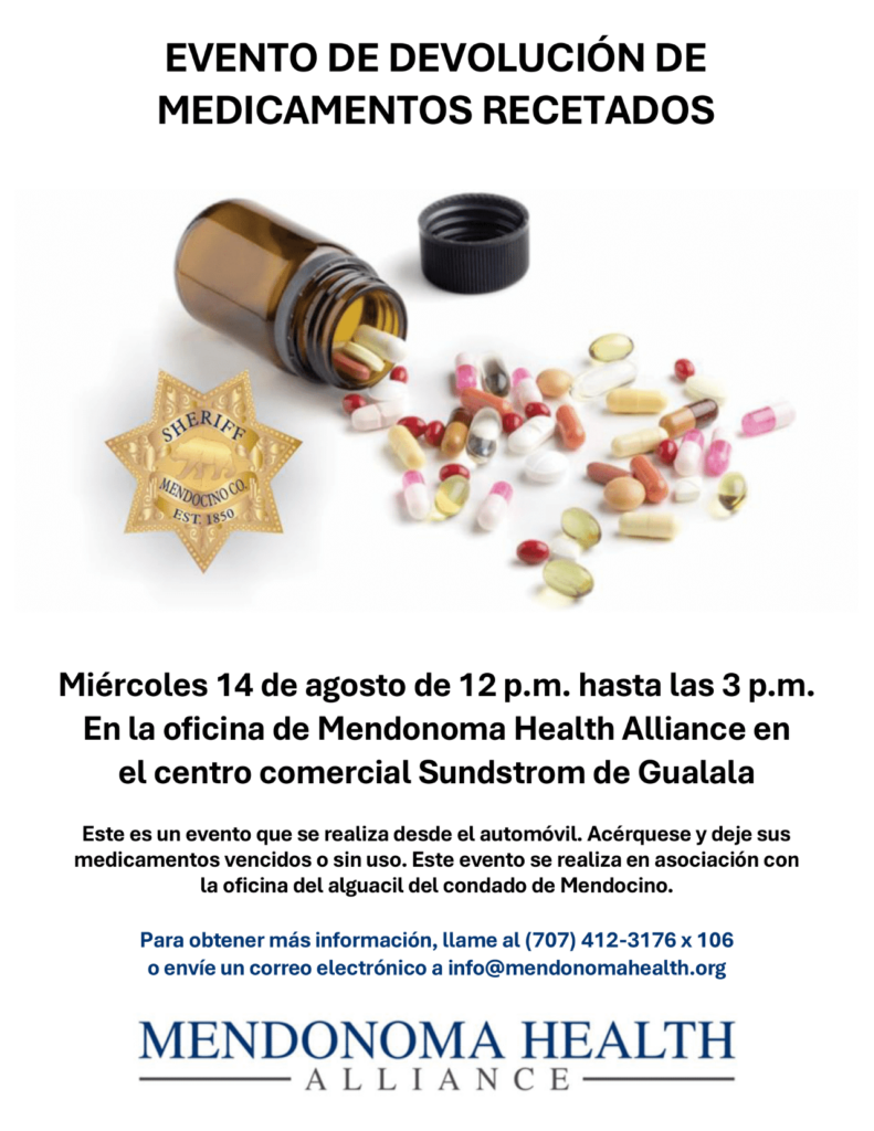 Prescription Take-Back event flyer, showing a spilled prescription bottle of pills, all colors, next to a Mendocino County Sheriff's badge for Mendonoma Health Alliance November 29 event at Sundstrom Mall in Gualala.