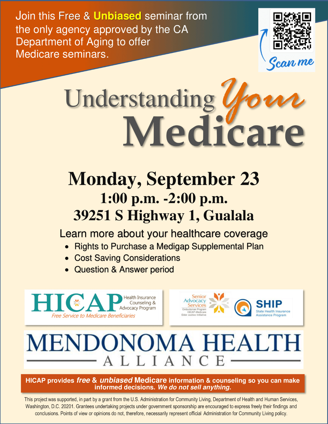 Beige flyer with a QR code and a orange, gray and yellow flower design & half moon circle. advertising a medicare seminar