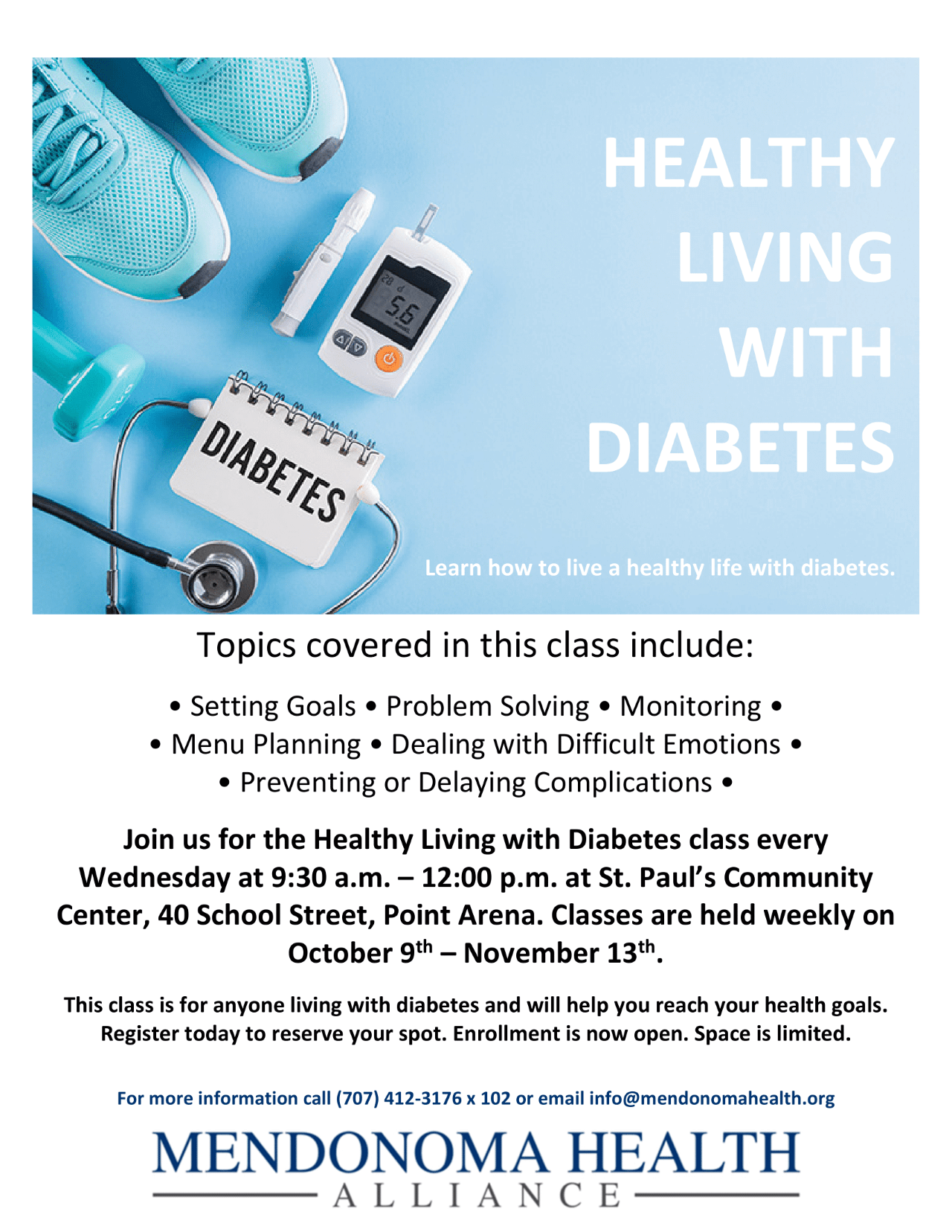 Flyer with light blue background. Turquoise blue tennis shoes with a small bar bell, and stethoscope and glucometer & small flip chart saying Diabetes. Flyer for upcoming course in April 2024.