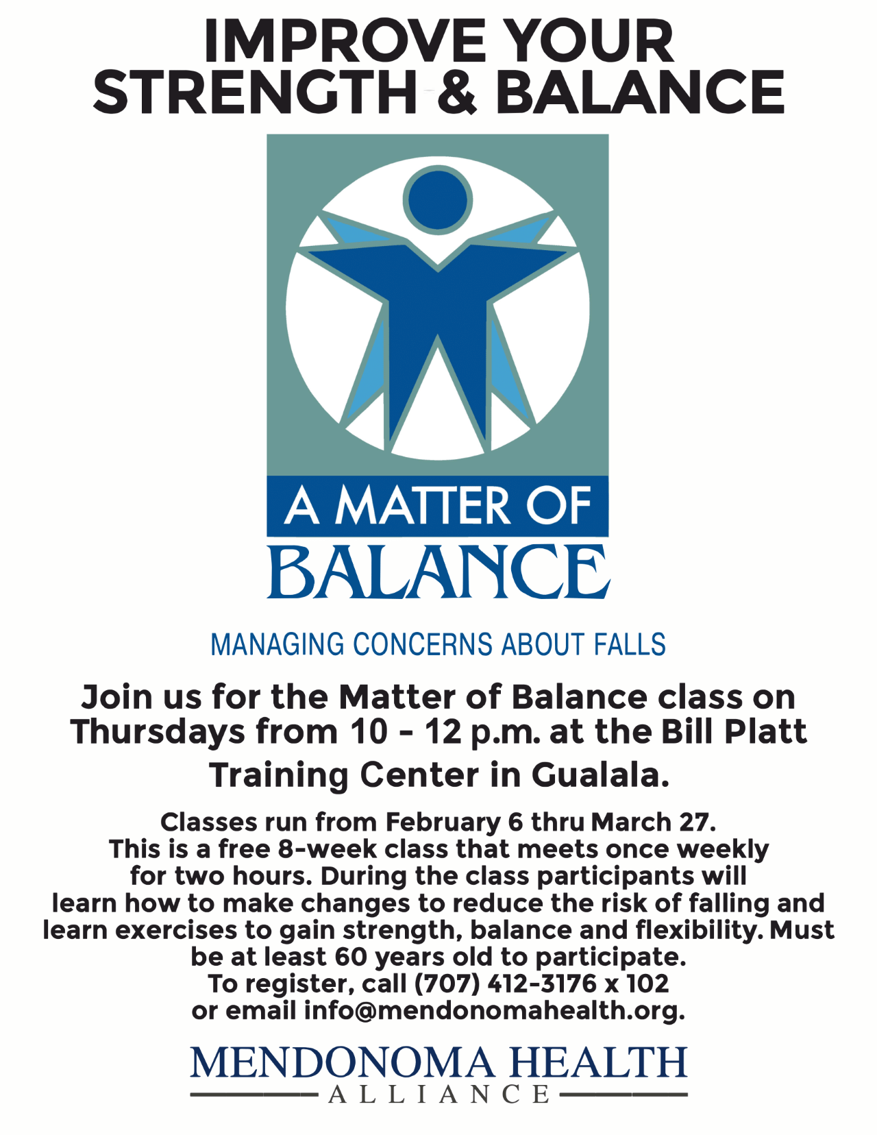 Two humanlike star shaped figures, in green and blue, with arms and legs outstretched, forming a star looking stance for Matter of Balance Class logo. Class offered by Mendonoma Health Alliance in Gualala