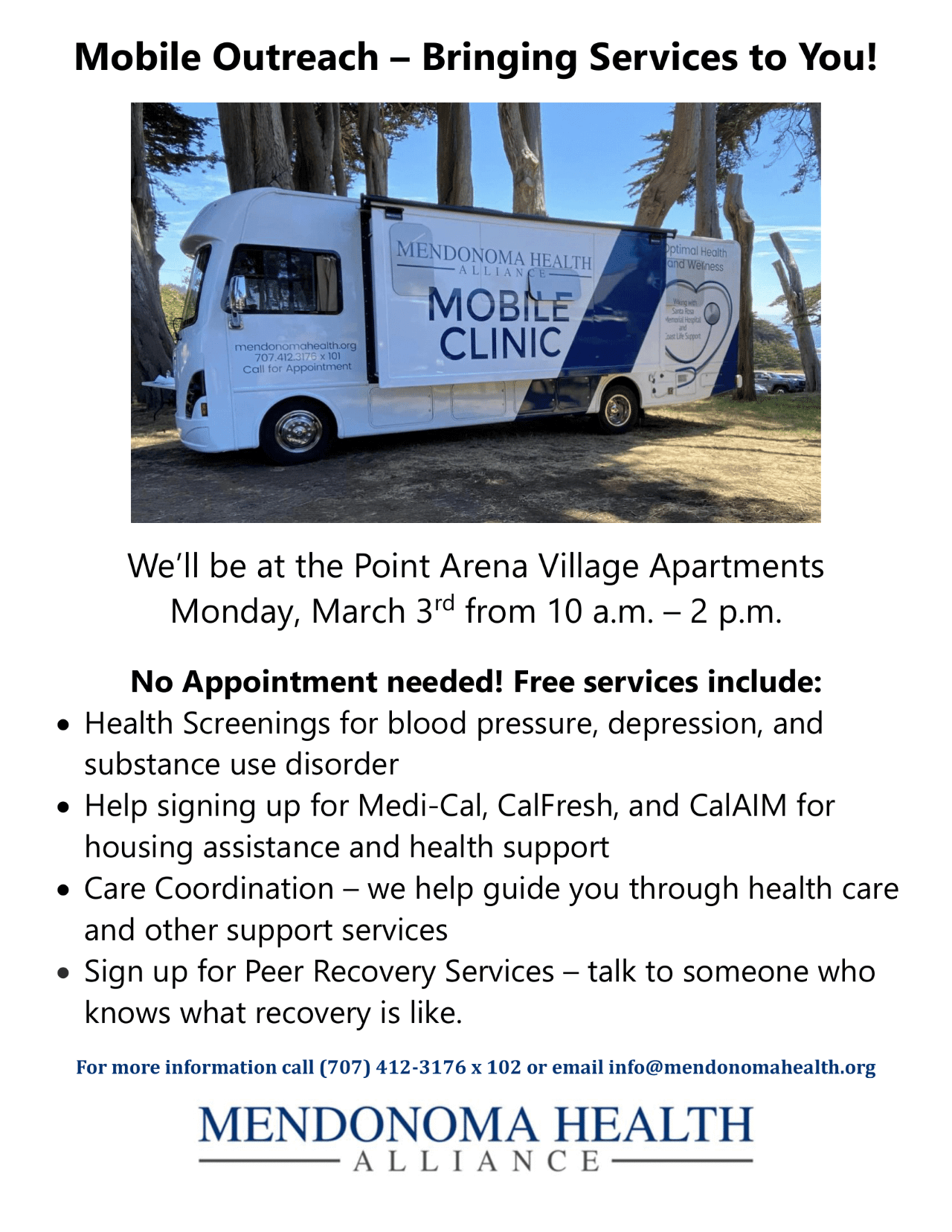 Photo of Mobile Clinic parked by 9 trees in a grassy area that is yellowed. Shows side of vehicle with pop out opened that says Mendonoma Health Alliance Mobile Clinic. There's a stethoscope on the back end of the vehicle that's shaped like a heart in blue, gray and white. It is a sunny day & a small blue patch of ocean is showing in the background. It is partially in the shade.