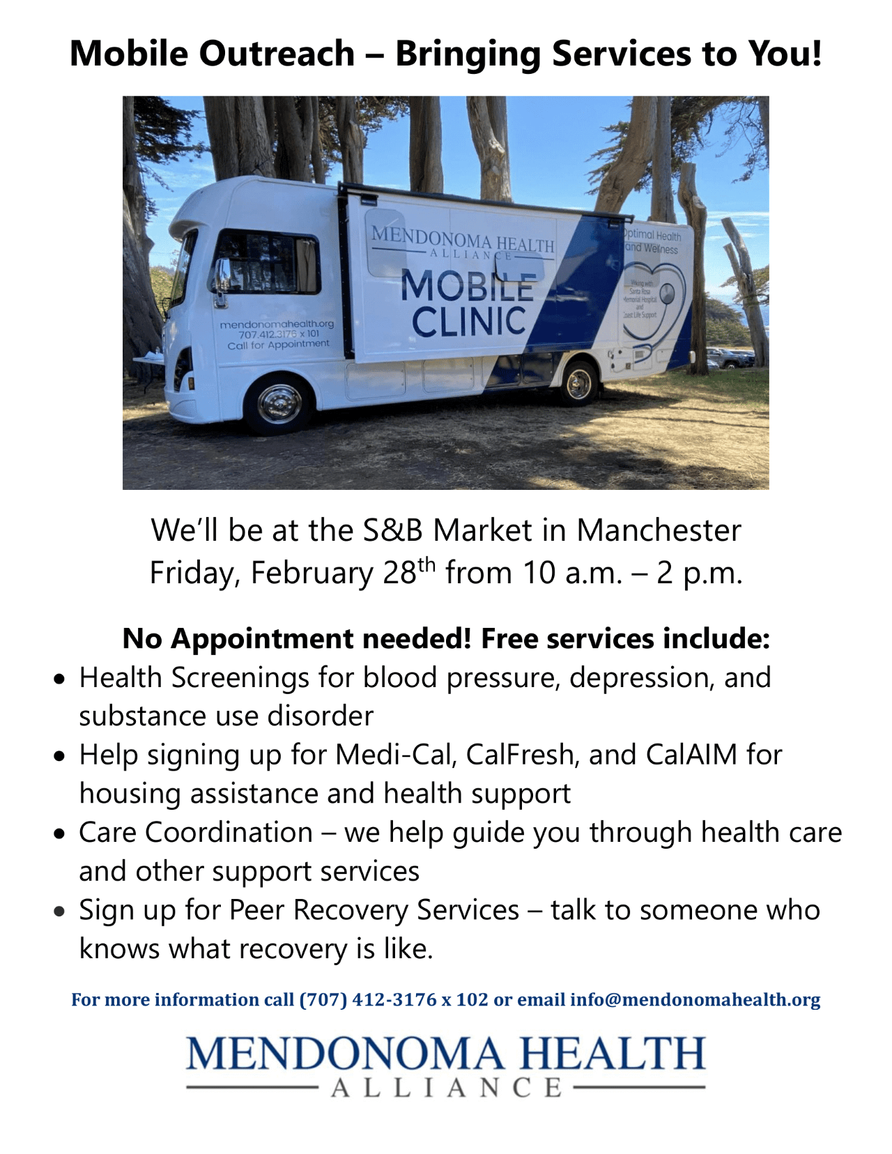 Photo of Mobile Clinic parked by 9 trees in a grassy area that is yellowed. Shows side of vehicle with pop out opened that says Mendonoma Health Alliance Mobile Clinic. There's a stethoscope on the back end of the vehicle that's shaped like a heart in blue, gray and white. It is a sunny day & a small blue patch of ocean is showing in the background. It is partially in the shade.