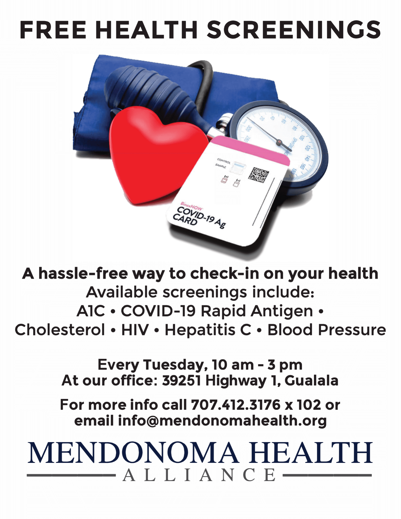 Blood pressure cuff with heart advertising free blood pressure screenings at Mendonoma Health Alliance