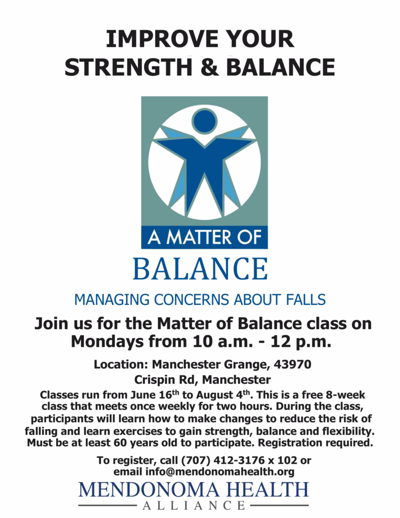 Two humanlike star shaped figures, in green and blue, with arms and legs outstretched, forming a star looking stance for Matter of Balance Class logo. Class offered by Mendonoma Health Alliance in Gualala