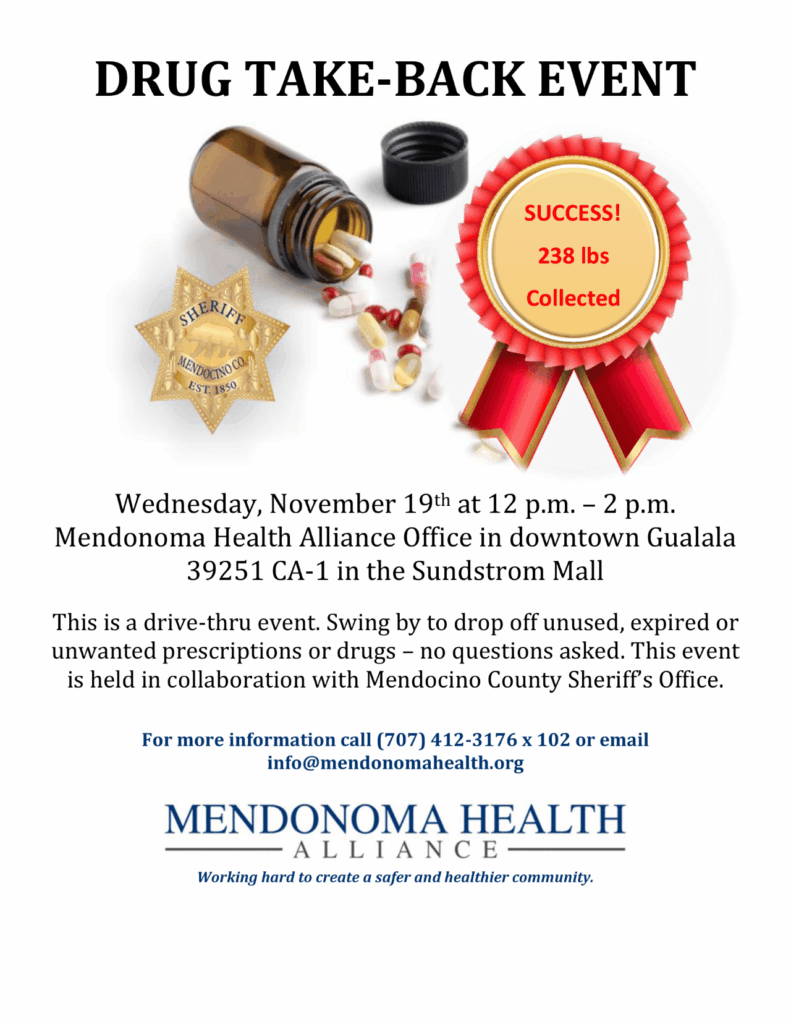 Prescription Take-Back event flyer, showing a spilled prescription bottle of pills, all colors and shapes red, yellow, white some in the bottle that is dark brown with a black lid lying to the side, next to a Mendocino County Sheriff's badge for Mendonoma Health Alliance November 29 event at Sundstrom Mall in Gualala. There is a red winners ribbon with a yellow center that says Success 238lbs collected!