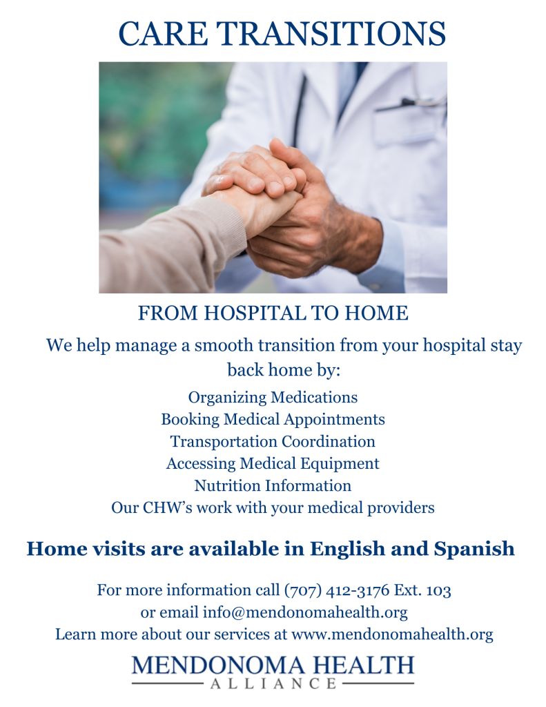 Flyer titled “Care Transitions — From Hospital to Home” showing a clinician holding a patient’s hand. Text explains that the team helps with a smooth return home by organizing medications, booking medical appointments, arranging transportation, accessing medical equipment, providing nutrition information, offering home visits, and coordinating with medical providers. Services are offered in English and Spanish. Contact information is listed for Mendonoma Health Alliance, including phone number (707) 412-3176 Ext. 103, email info@mendonomahealth.org , and website www.mendonomahealth.org