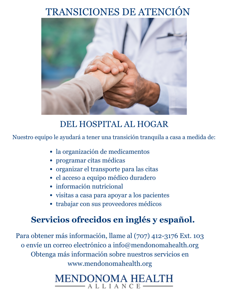 Folleto titulado “Transiciones de Atención — Del hospital al hogar” con una imagen de un profesional de salud sosteniendo la mano de un paciente. El texto indica que el equipo ayuda con una transición tranquila a casa mediante la organización de medicamentos, programación de citas médicas, coordinación de transporte para citas, acceso a equipo médico duradero, información nutricional, visitas a domicilio para apoyar a los pacientes y coordinación con sus proveedores médicos. Señala que los servicios se ofrecen en inglés y español. Incluye la información de contacto de Mendonoma Health Alliance: teléfono (707) 412-3176 Ext. 103, correo info@mendonomahealth.org y sitio web www.mendonomahealth.org