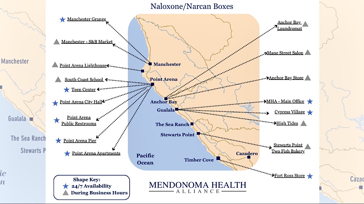 Map titled “Naloxone/Narcan Boxes” showing locations along the Mendonoma Coast in Northern California, including Manchester, Point Arena, Anchor Bay, Gualala, Sea Ranch, Stewarts Point, Timber Cove, and Cazadero. Dotted lines point from towns to specific sites offering Narcan, such as Manchester Grange, S&B Market, Point Arena Lighthouse, South Coast School, Teen Center, Point Arena City Hall, public restrooms, pier, apartments, Anchor Bay Laundromat, Mane Street Salon, Anchor Bay Store, MHA Main Office, Cypress Village, High Tides, Two Fish Bakery, and Fort Ross Store. A legend indicates blue stars represent 24/7 availability and gray triangles indicate availability during business hours. The map is labeled “Mendonoma Health Alliance.”