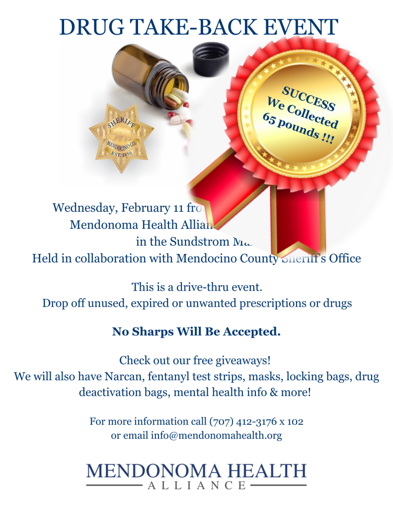 Alt text: Flyer for a “Drug Take-Back Event” hosted by Mendonoma Health Alliance in collaboration with the Mendocino County Sheriff’s Office. The flyer features an image of an overturned pill bottle spilling medication and a sheriff’s badge logo. A large red and gold ribbon graphic says, “SUCCESS We Collected 65 pounds!!!” Text explains the drive-thru event accepted unused, expired, or unwanted prescriptions and drugs, with no sharps accepted. Free giveaways included Narcan, fentanyl test strips, masks, locking bags, drug deactivation bags, and mental health information. Contact information for Mendonoma Health Alliance is listed at the bottom along with the organization’s logo.