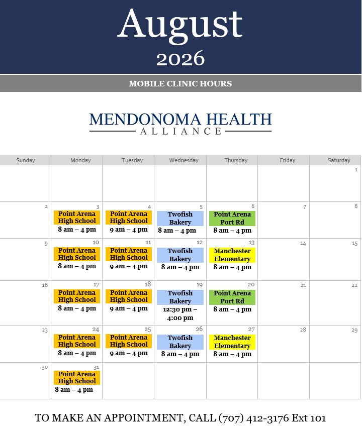 August 2026 Mendonoma Health Alliance Mobile Clinic Hours calendar. The calendar shows clinic locations from 8:00 a.m. to 4:00 p.m. on most weekdays. Mondays (Aug. 3, 10, 17, 24, 31): Point Arena High School, 8:00 a.m.–4:00 p.m. Tuesdays (Aug. 4, 11, 18, 25): Point Arena High School, 9:00 a.m.–4:00 p.m. Wednesdays: Aug. 5, 12, 26: Twofish Bakery, 8:00 a.m.–4:00 p.m. Aug. 19: Twofish Bakery, 12:30 p.m.–4:00 p.m. Thursdays: Aug. 6 and 20: Point Arena Port Road, 8:00 a.m.–4:00 p.m. Aug. 13 and 27: Manchester Elementary, 8:00 a.m.–4:00 p.m. The calendar includes the Mendonoma Health Alliance logo and an appointment reminder at the bottom: "To make an appointment, call (707) 412-3176 Ext. 101."