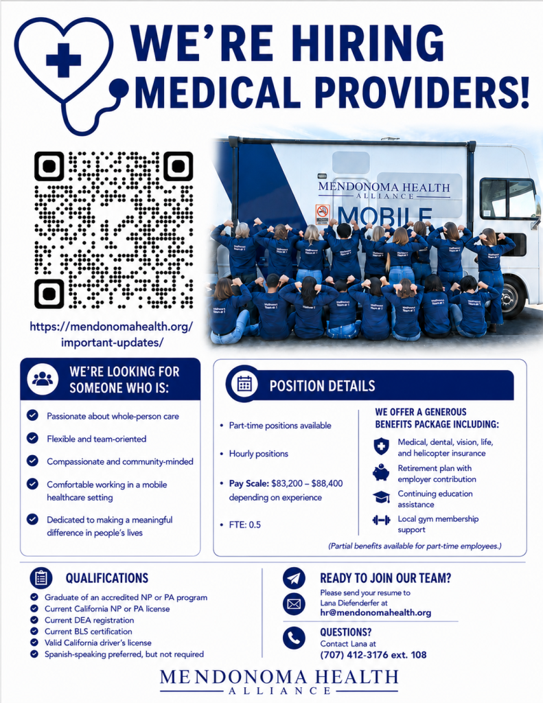 Flyer with the headline "WE'RE HIRING MEDICAL PROVIDERS!" in large dark blue text alongside a heart-shaped stethoscope icon. The left side features a large QR code linking to Mendonoma Health Alliance job openings. The right side shows a group of staff wearing matching blue jackets standing in front of the Mendonoma Health Alliance Mobile Health Clinic. The flyer highlights desired qualities, including being passionate about whole-person care, flexible, team-oriented, community-minded, comfortable working in a mobile healthcare setting, and dedicated to making a meaningful difference. Position details include: Part-time position (0.5 FTE) Pay Scale: $83,200–$88,400, depending on experience Benefits include medical, dental, vision, life, and helicopter insurance, retirement plan with employer contribution, continuing education assistance, and local gym membership support (partial benefits available for part-time employees). Qualifications include graduation from an accredited NP or PA program, current California NP or PA license, current DEA registration, current BLS certification, valid California driver's license, and Spanish-speaking preferred but not required. Applicants are instructed to send their resume to hr@mendonomahealth.org or contact Lana at (707) 412-3176 ext. 108 with questions. The Mendonoma Health Alliance logo appears at the bottom of the flyer.